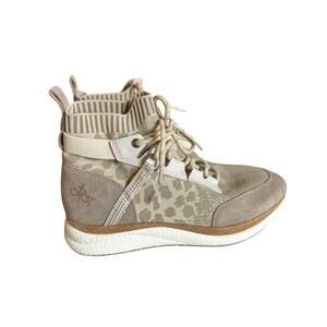 OTBT Tan Leopard Print High Sock Top Sneakers, Leather, Women's size 9